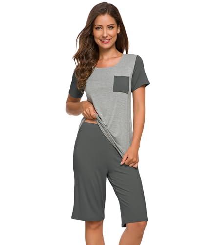 WiWi Pyjama en bambou pour femmes, ensemble de pyjama doux, haut à manches courtes avec pantalon capri, vêtements d'intérieur grande taille, tailles S à 4X, B-Gris fer, M