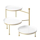 Kanwone 3 Tiered Serving Stand with White Porcelain Plates, 10' Round Tray, Dessert Table Display Set, Gold Metal Stand, Versatile & Durable