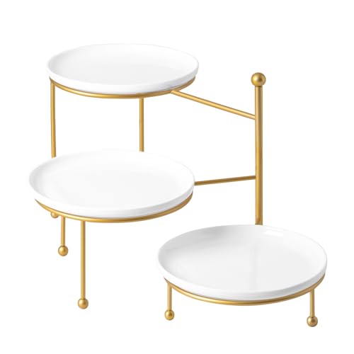 Kanwone 3 Tiered Serving Stand with White Porcelain Plates, 10.3" Round Tray, dessert table display set, Gold Metal Stand, Versatile & Durable