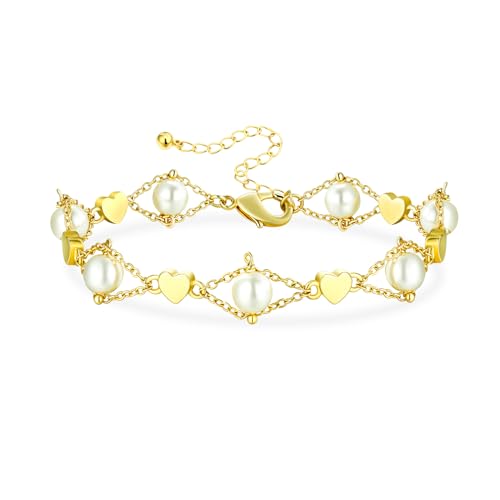 Image of Gold Pearl Bracelet for Women, REAL 14K Gold Plated Double Layered Dainty Pearls Bracelet, Elegant Stackable Flower Jewelry Gift for Her with OT Clasp