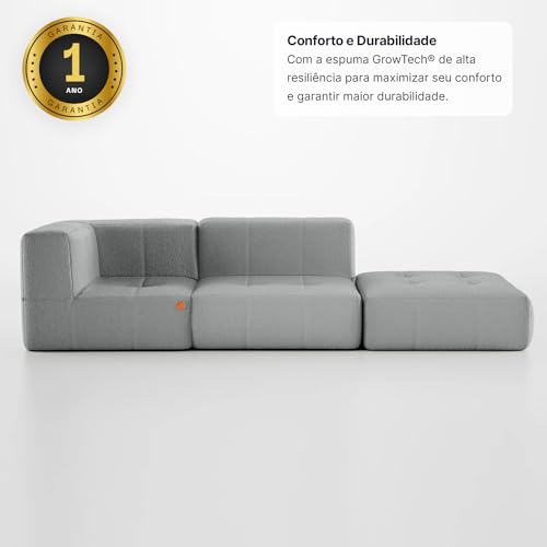 Sofá na Caixa modular 2 lugares em Boucle - 1 Braço com Chaise (Cinza)