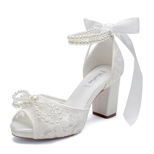 Image of Lace Pearl Wedding Shoes for Bride High Heel Bridal Shoes Peep Toe Platform Wedding Heels