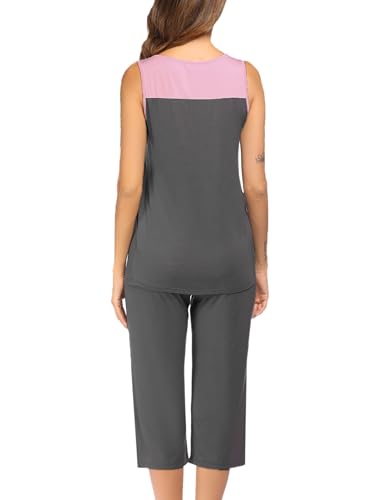 Image of Ekouaer Capri Pajama Sets for Women 2 Piece Soft Cute Pjs Round Neck Sleeveless Lounge Set for Summer Sleepwear S-XXXL