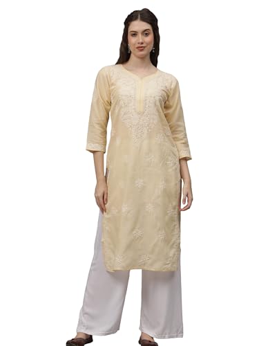 Image of Seva Chikan Hand Embroidered Lucknowi Chikankari Appricoat Peach Terivoil Cotton Kurta for Women SCL4603