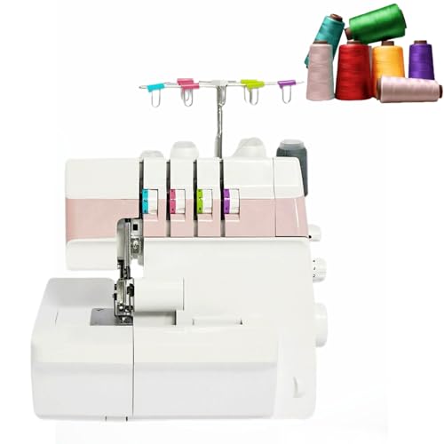 Máquina de coser Overlock de alta resistencia: remalladora de puntadas 2-3-4-5, remalladora eléctrica de cuatro hilos con pespunte, trampa de recorte y prensatelas a presión para principiantes(Pink)