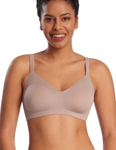 COMFELIE Wireless Bra Seamless Bra for Women Ultra Comfort Bra V Neck Adjustable Invisible Bralette YN25 Brown