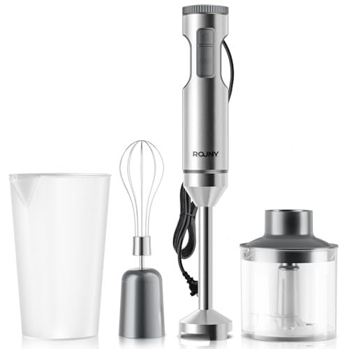 ROUNY Hand Blender 1200W,4-in-1Immersion Handheld Blender,Eletric Stick Blenders,Stainless Steel Hand Blender with 700ml Mixing Beaker, Egg Whisk, Food Chopper, Blades for Baby Food,Vegetables,Soup