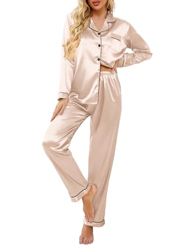 Image of Ekouaer Women's Classic Button Down Long Satin Silk Pajama Set