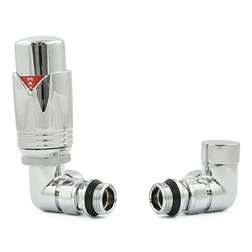 Hot Flow Vanne de radiateur thermostatique moderne en chrome Marella 3 avec corps TRV, tête de roue et bouclier de verrouillage pour un contrôle rapide et facile de la température.