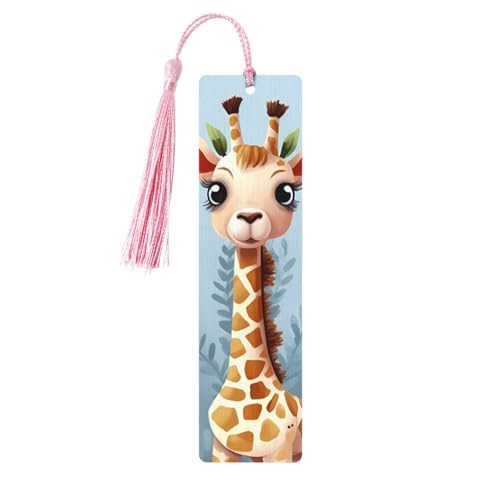 かわいいキリンの花 木製しおり DIY ウッドクラフト しおり 木製ハンギングタグ カラフルなタッセル付き 木製ギフトタグ ラベル 本好きの方への珍しいギフト 男性 女性