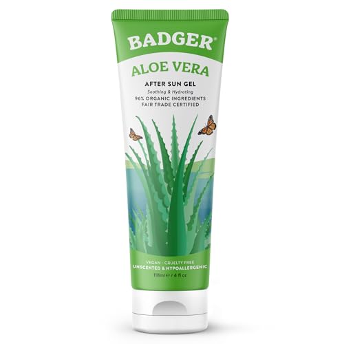 Badger Organic Aloe Vera Gel for Face & Body, 96% Pure Unscented Organic Aloe Gel for Cooling, Soothing, Non-Sticky Sunburn Relief, Vegan, Fair Trade & Hypoallergenic, 4 fl oz