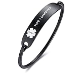 VNOX Type 1 Diabetes Medical Alert ID Black Stainless Steel Emergency Cufff Bangle Bracelet for Women,5.7-6.9'
