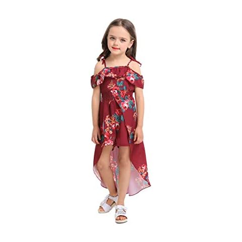 NoNoAnt Kids Girls Summer Sling Sweet Floral Dress Elegant Girl Princess Ruffles Irregular Culotte Dresses 3-8 Year (Wine Red, 9T) Cover