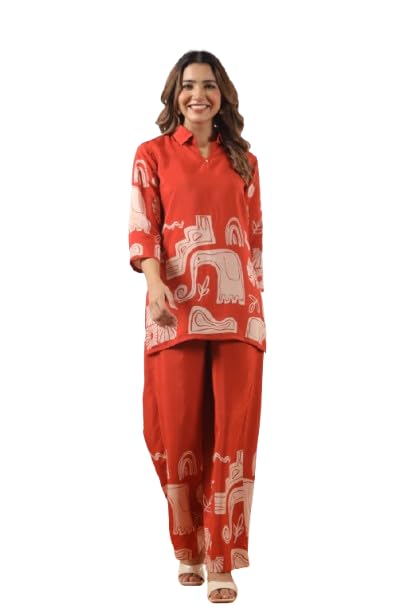 jisora Women's Orange Printed Russian Silk Co-ord Set-picture-27