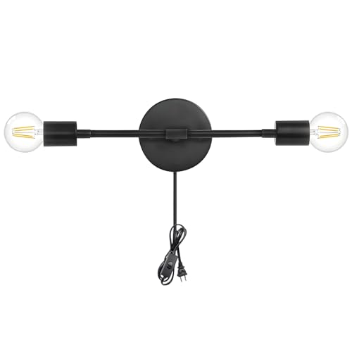 Image of KCO Lighting Plug in Black Wall Sconce 2 Light Vanity Light Fixture Slim Wall Sconce Plug in Vintage Wall Lamps for Living Room Bedroom