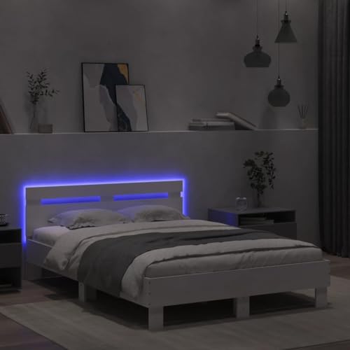 IKAYAA Cama Madera 135 x 190 cm con Luces LED, Marco de Cama con Listones de Madera, Cama Individual, Marco De Cama, Bed Frame, Cama Juvenil 135 x 190 cm Blanco