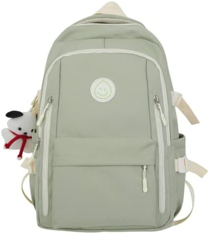 Preppy Backpack with Cute Pendant Women Smile Face Laptop Backpack Kawaii Lightweight Aesthetic College Backpack (Sage Green,One Size)