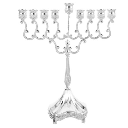 Luxshiny Hanukkah Menorah Candle Holder Jerusalem Temple Menorah 9-branches Candlestick Holder Metal Jewish Candle Holder Holy Candle Stand Ornament Silver