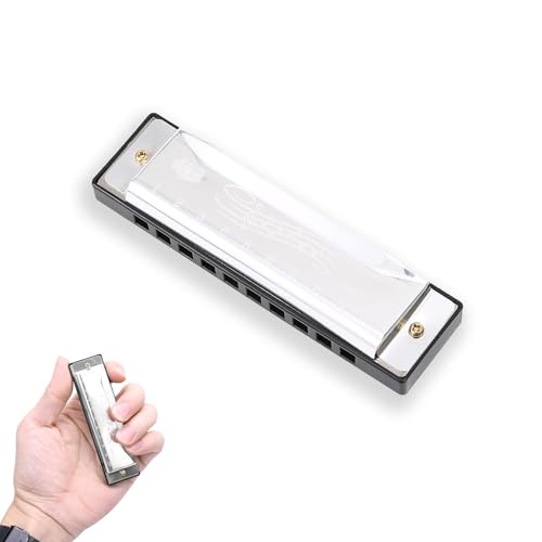 Pence & Moon Collective Blues Harmonica C 10 Hole 20 Tune Diatonic Mouth Organ Harmonicas for Adults Kids Beginners Gifts & Music Lovers Stainless Steel Cover(Silver)