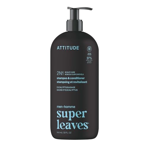 Image of ATTITUDE Men's Shampoo and Conditioner 2-in-1, Scalp Care for Build Up & Oily Hair, Refresh With Peppermint & Willow Extract, 97% Natural Origin Ingredients, EWG Verified, Eucalyptus & Sage, 32 Fl Oz