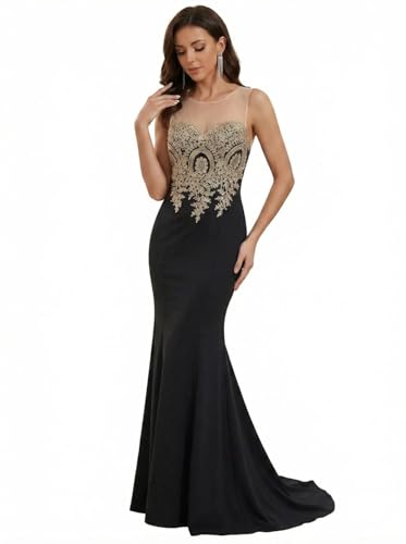 Women Fashion Long Mermaid Black Evening Dresses For Wedding Party, 12, Black