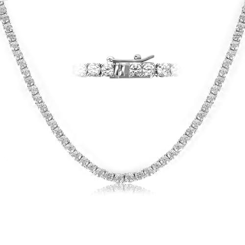 18K White Gold Plated 3mm Round CZ Classic Tennis Necklace for Women Men Diamond Chain Sizes 16-20 Inches 4 Prong