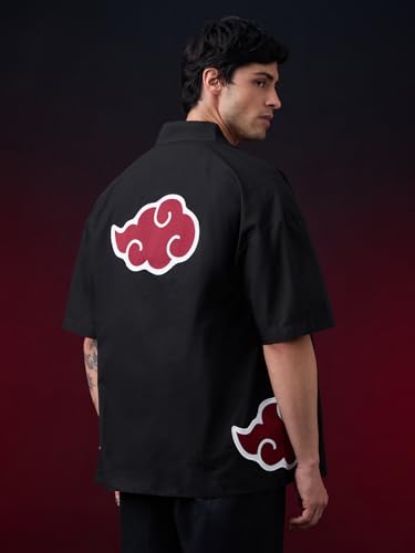 Image of The Souled Store Naruto: Akatsuki Kimono Men and Boys Short Sleeve Spread Collar Black Embellished Anime Inspired Drop Shoulder Streetwear Casual Cotton Oversized Shirt