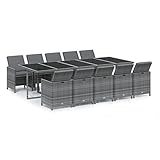 Foknhdi Ensemble de 11 meubles de jardin en polyrotin avec table extensible, 10 chaises, coussins foncés 275 x 107 x 74 cm