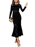 CUPSHE Vestido Maxi Ajustado de Manga Larga para Mujer Vestido de Malla de Otoño para Invitada de Boda Vestido Sexy de Cola de Pez para Cóctel y Fiestas, Negro, S