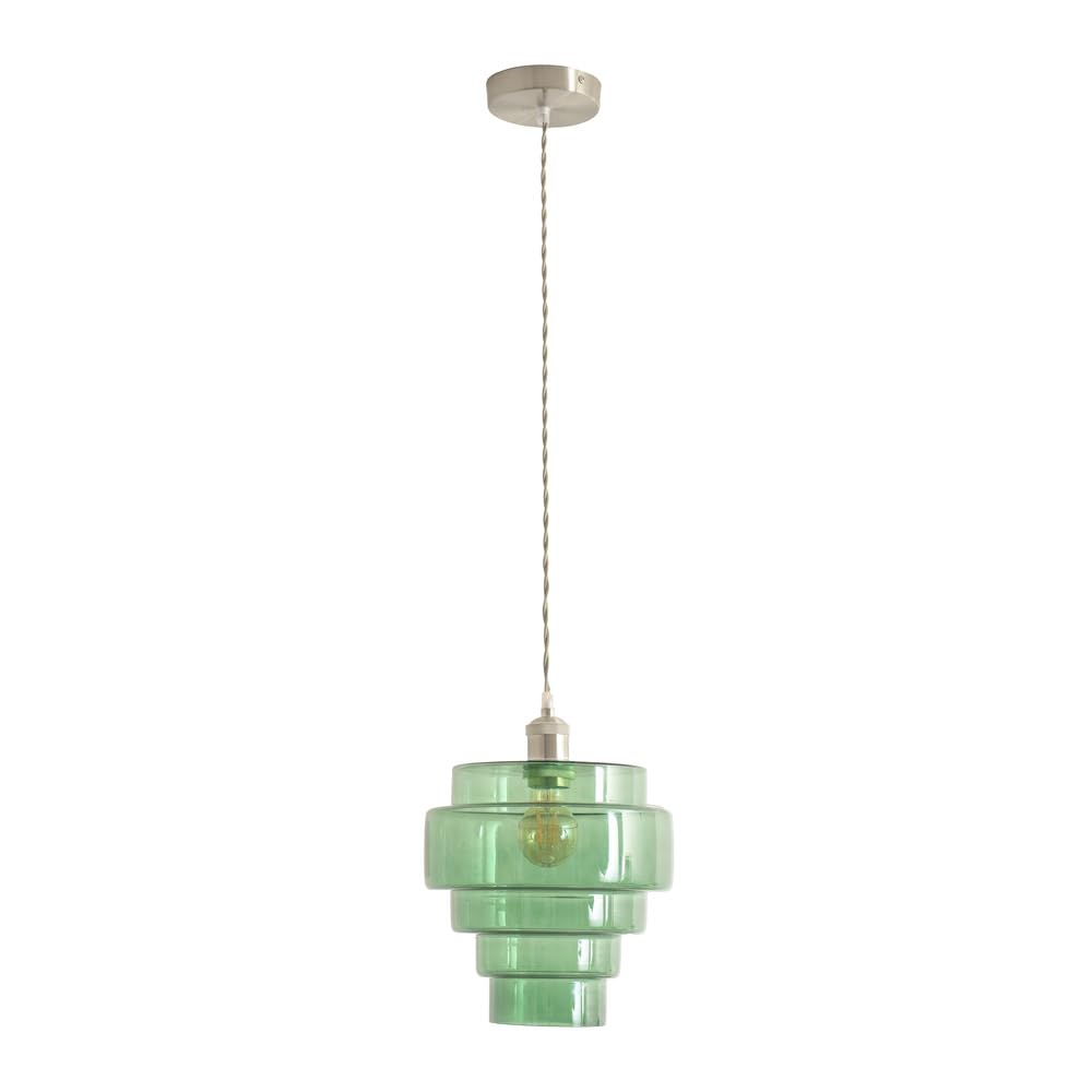 ValueLights | Lane Green Glass 5 Tier Shade Brushed Chrome Single Ceiling Pendant Light & Bulb | Shades, Home Décor & Improvement Essential | Light Bulb Included | Includes Full Wired Fitting