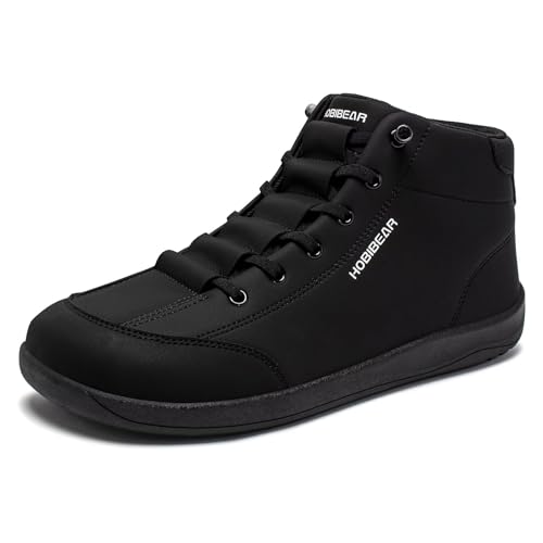 HOBIBEAR Leather Barefoot Boots Zero-Drop Wide Width Minimalist Shoes Unisex Mid Top Walking Boots(All Black Women 9.5,Men 8.5)