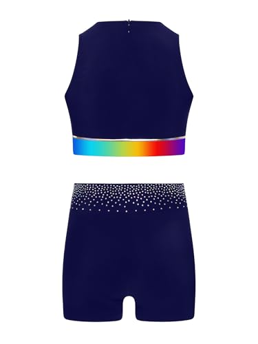 Girls Shiny Pcs Gymnastics Dance Sports Outfit Rhinestone Racer Crop Top With Shorts4