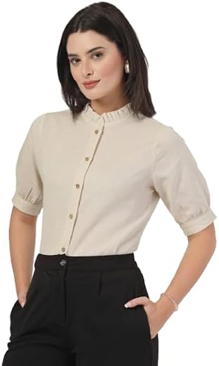 Style Quotient Women Solid Beige Regular Fit Flex Formal Shirt