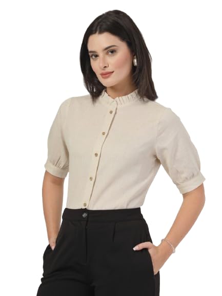 Image of Style Quotient Women Solid Beige Regular Fit Flex Formal Shirt