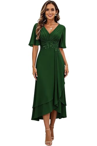 Image of Lace Applique Mother of Bride Dresses Chiffon Mother of the Groom Dresses Tea Length Formal Evening Dress with Sleeve