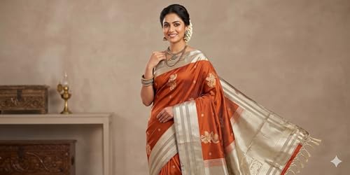 Image of Traditional soft Silk Saree, Rust Orange with Grey Border, Zari Woven Floral Motifs, Tassels