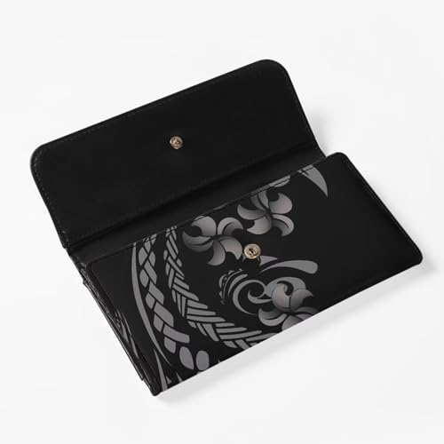 Tropic Tribal Stripes Long Wallet for Women Boho Ethnic Trifold PU Leather Clutch Purse, Hawaiian Tribe Flowers Billfold Wallet Card Holders2