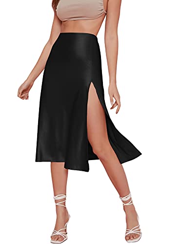 Verdusa Women's Satin Split Thigh High Waist Swing Midi Skirt Satin Black M