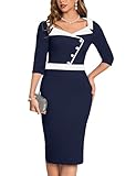 MUXXN Pencil Dress for Women Business Bodycon Knee Length Half Sleeve Fitted Sheath Formal Work Dress Navy Blue L