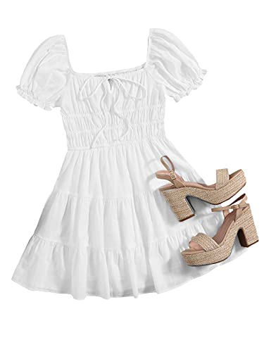 Shein Women's Short Puff Sleeve Ruched Mini A Line Dress Ruffle Tie Front Square Neck Short Dresses White Medium #TOP2