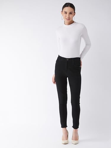 Image of Miss Chase Women's Skinny High Rise Cropped Fringed Hemline Detailing Stretchable Denim Jeans