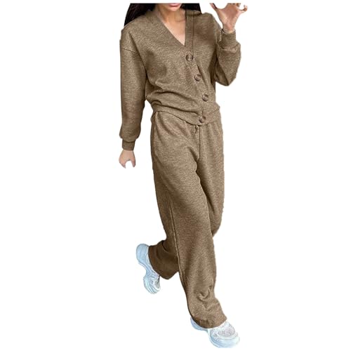 Ensemble femme tendance tricot manches longues et pantalon décontracté à boutons