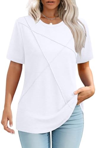 isermeo Summer Tops for Women Loose Fit Pleated Tunics Scoop Neck Short Sleeve Tee Curved Hem Flowy White XXL
