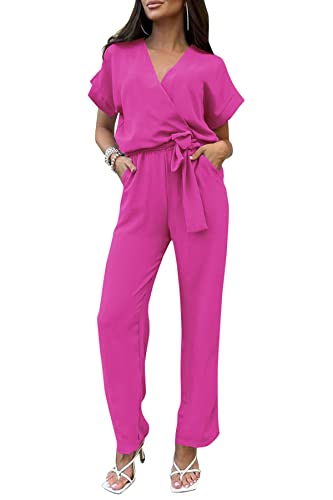 PRETTYGARDEN Women's Summer One Piece Jumpsuits Belted Short Sleeve Wrap V Neck Fashion Dressy Casual Wide Leg Pants Romper