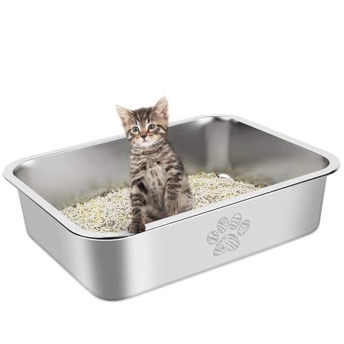 PTLOM Lettiera per gatti in acciaio inossidabile, grande lettiera per gatti in metallo, antispruzzo, inodore e antiaderente, adatta per grandi e piccoli, conigli, zampa di Tabby, 40x30x10cm