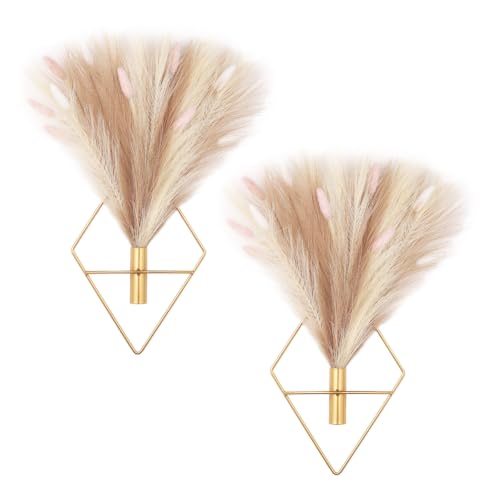 Pretty Jolly Pampas Hanging Planters, Boho Metal Vase Indoor Wall Decor Art Modern Geometric Artificial Flowers for Living Room Home Office (beige gold)
