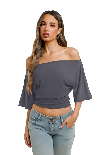 REORIA Womens Off The Shoulder Tops Y2k 2026 Summer Cinched Waist T-Shirts — view 4