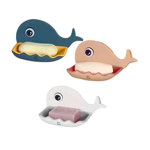 Image of (Pack of 3) Fish Shape Soap Dish Wall Mounted | Adhesive Waterproof Soap Stand Holder for Bathroom & Kitchen Sink | Plastic Double Layer Soap Dish with Strong Magic Sticker (Random Color)