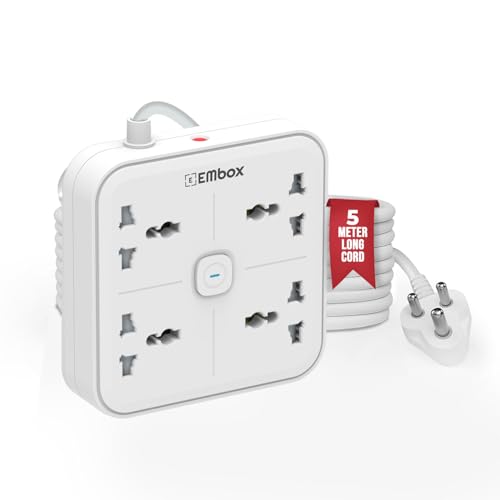 Image of EMBOX Extension Board 5 Meter Cable| Extension Board with Switches| 1500 W 4 Universal Sockets, Safety Shutter, 6 amp Spike Guard | Extension Cord LED Indicator and Safety Shutter