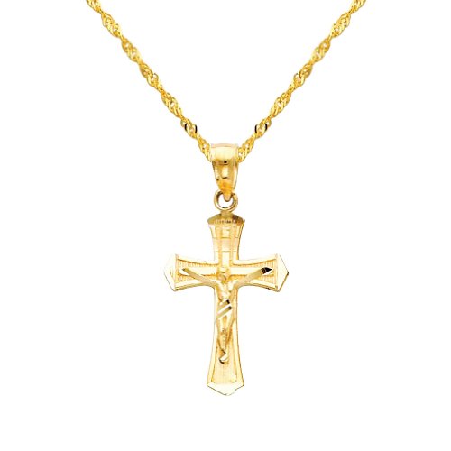 The World Jewelry Center 14k Yellow Gold Jesus Cross Religious Pendant with 1.2mm Singapore Chain Necklace